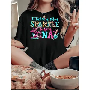1pc Women'S Casual Crew Neck T-Shirt with Geometric-Patterned "Sparkle to be a CNA" Print, Polyester Knit Fabric, Medium Stretch, All-Season Comfort, Fashionable Nursing-Themed Short Sleeve Top