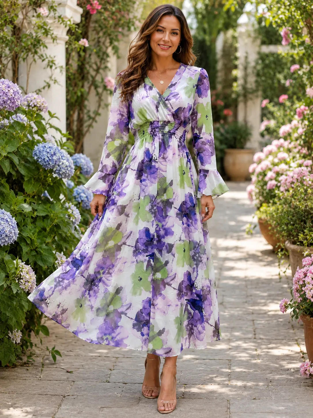Women's Elegant V-Neck Printed Gown, Flowy Polyester with Full Sleeves and Waist Cinch for Party and Casual Wear, Longsleeves, Maxi Dress For Women, Women's Clothes, Stylish Women's Wear