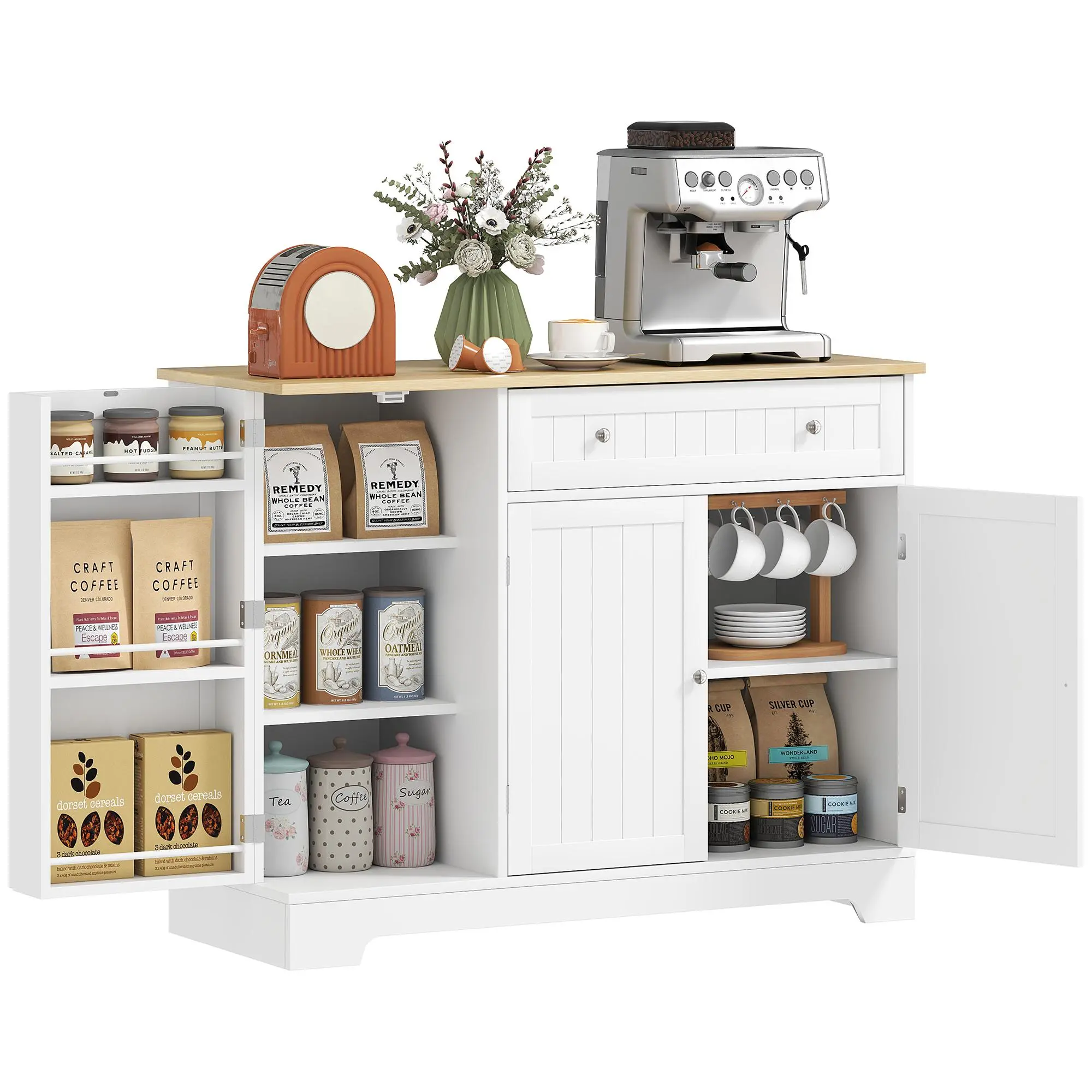 HOMCOM Modern Coffee Bar Freestanding Storage Cabinet - Modern Credenza, Multifunctional Indoor Kitchen Floor Furniture with Drawer, Adjustable Shelves, Door Shelves, Black, Modern Credenza Cabinet