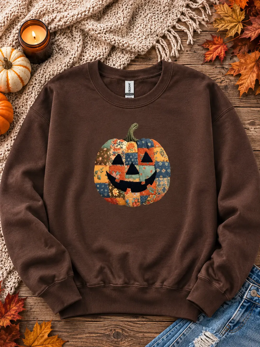 Women's Gildan Unisex Fit Casual Cotton Long Sleeve Printed Faux Patchwork Halloween Pumpkin Pullover Hoodie, Cute Spooky Fall Graphic Top, Halloween Gift - TrendWear USA Fashion Clothes