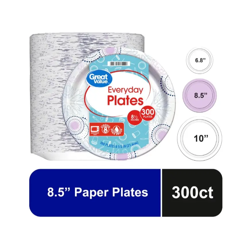 8.5 Inch Disposable Paper Plates, Soak-Proof, Microwave Safe, 300 Count