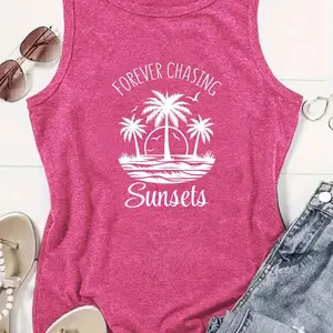Women's Tank Top "Forever Chasing Sunsets" Palm Tree Sunset Print Tee Beach Vacation Casual Cotton Sleeveless Top Tropical Sunset Aesthetic Shirt Mother's Day Gift