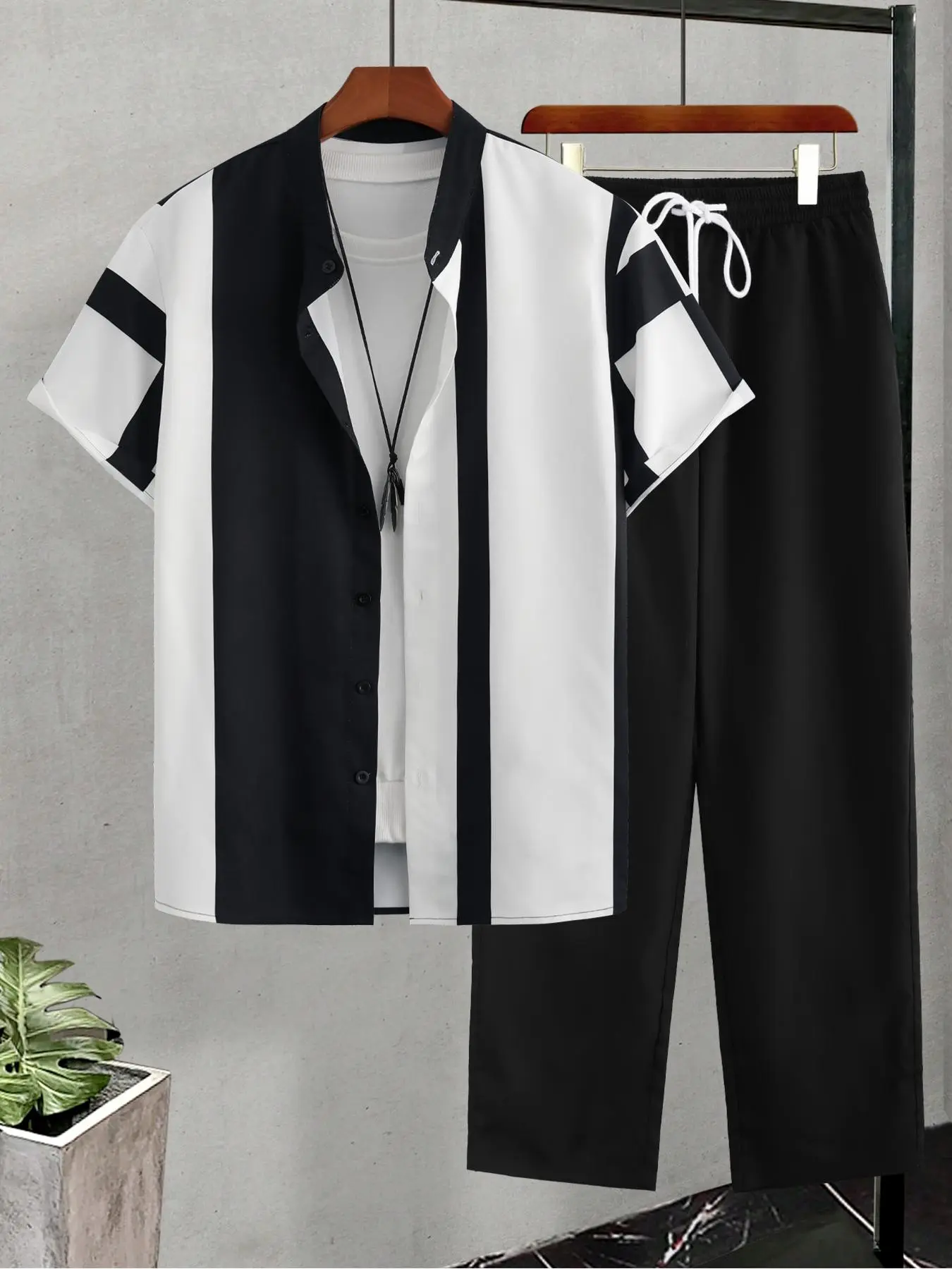 Two-piece Set Men's  Short Sleeve Top & Drawstring Waist Pants Set, Casual Lounge Set, Regular Fit Casual Button  Top & Trousers, Men's Two-piece Outfits for All Seasons, Casual Fashion Set