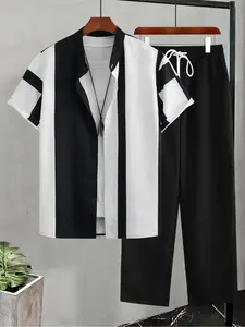 Two-piece Set Men's  Short Sleeve Top & Drawstring Waist Pants Set, Regular Fit Casual Button  Top & Trousers, Men's Two-piece Outfits for All Seasons