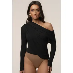 Black Textured One Shoulder Bodysuit
