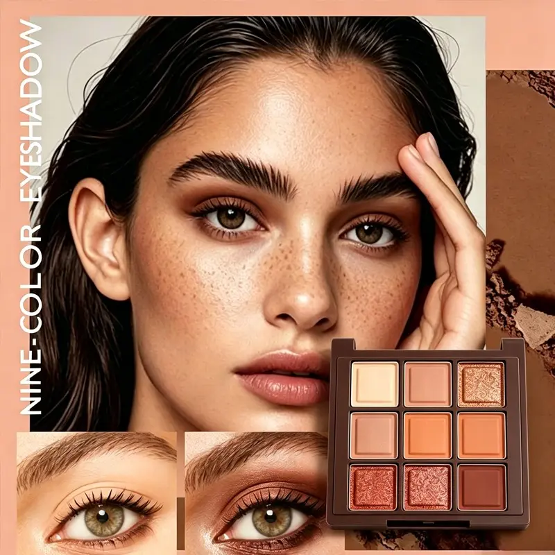 Chocolate-themed eyeshadow palette with 9 coordinated shades. Smooth texture blends evenly on lids. Earthy tones suit different skin tones and everyday makeup styles