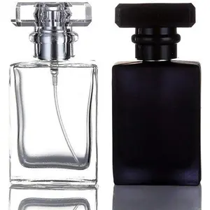 2 Pack - 30ML Flint Glass Refillable Perfume Bottle, Square Portable Cologne Atomizer Empty Bottle with Spray Applicator For Travel (Transparent and Black)