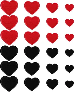 24pcs Heart Shape Iron on Patches Cute Mini Heart Iron-on sew-on Patches Embroidered Applique Decoration Patches Assorted Size Custom Patches for Clothing Jackets Jeans Hats Bags (Red, Black)