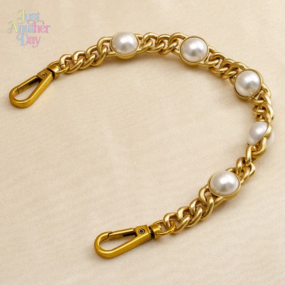 Pearl Inlaid Metal Bag Chain, Gold Tone Handbag Strap Replacement, Retro Pearl Shoulder Chain for Crossbody & Handbag Modification