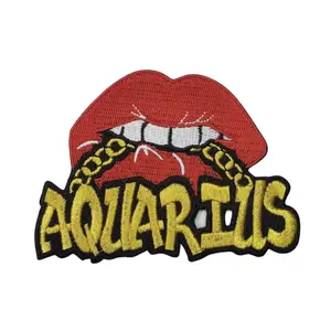 Patch Party Club, 1-pc, Poppin' Red Lip "Aquarius" w/Gold Metallic Chain, Iron-On Embroidered Patch, Astrology Zodiac Patch, DIY Patch for Jackets & Hats, Size 4"