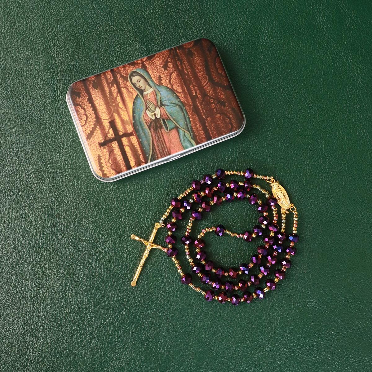 Catholic Rosary Purple Beads Necklace, with Crucifix Rosaries Communion Rosary Christian Gifts Catholic Gifts with a Gift Box And 18pcs Praying Cards