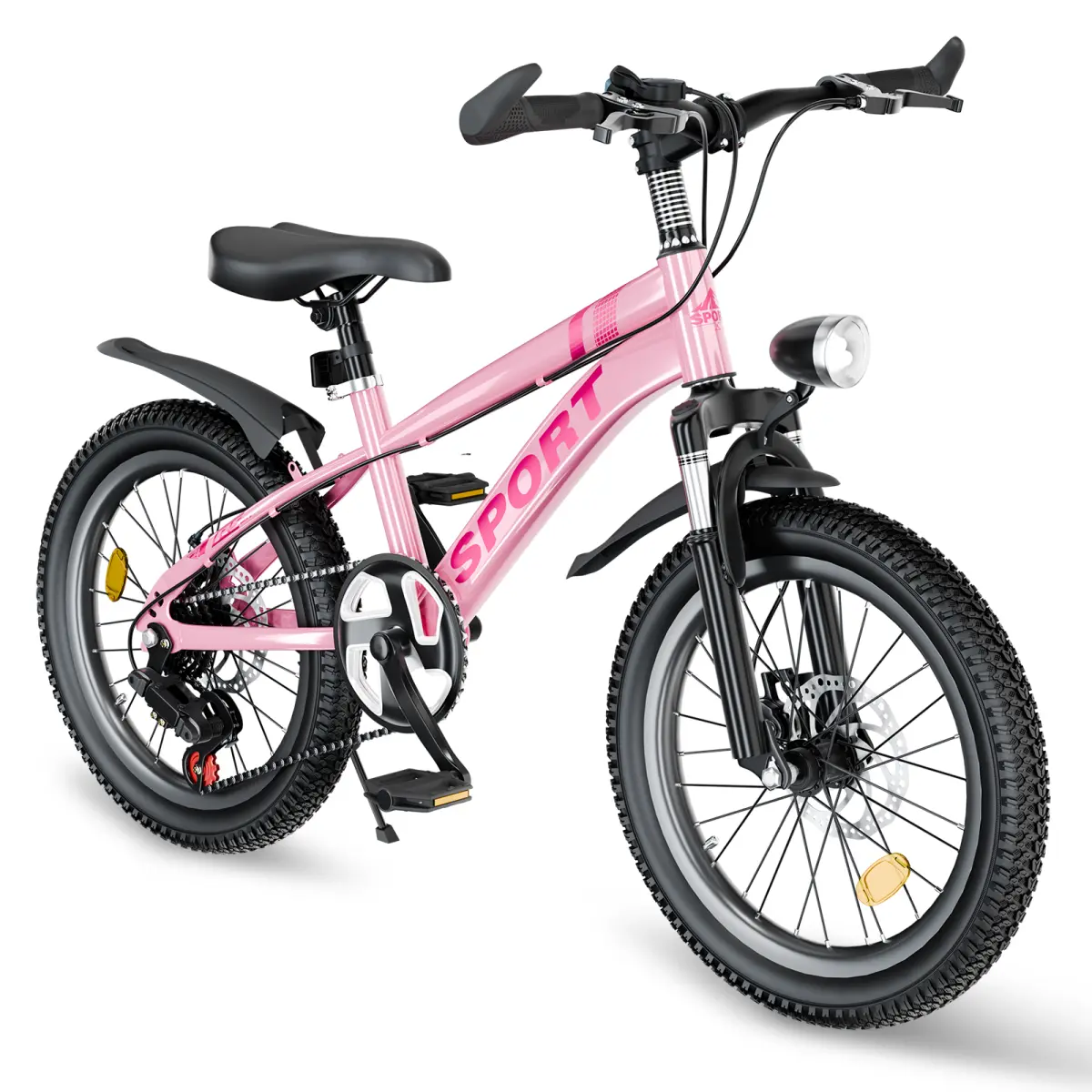 Aobtkel 20 Inch Kids Bike Mountain Bicycle with 7-Speed Gears Dual Disc Brakes Front Suspension Fork LED Light for Children 7-12 Years Boys Girls Silver Pink Outdoor Trail Park Neighborhood Gift Idea