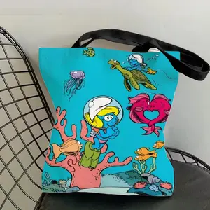 The S-Smurfs Cartoon Storage Bags Canvas Double-Sided Print Black and White Tote Bag Large Capacity Shoulder Students Festive Fashion Eco Outdoor Picnic Travel High Quality Shopping Handbag Machine Washable