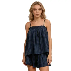 Gingham 2-Piece Lounge Set, Smocked Cami Top & Wide Leg Shorts