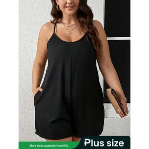 Plus Size Plain Pocket Adjustable Strap Slim-fit Cami Romper, Plus Chic Casual Style Spaghetti Strap Sleeveless Romper for Summer, Women's Plus Clothing for Daily Wear, Breathable Womenswear, Casual Comfy Overalls