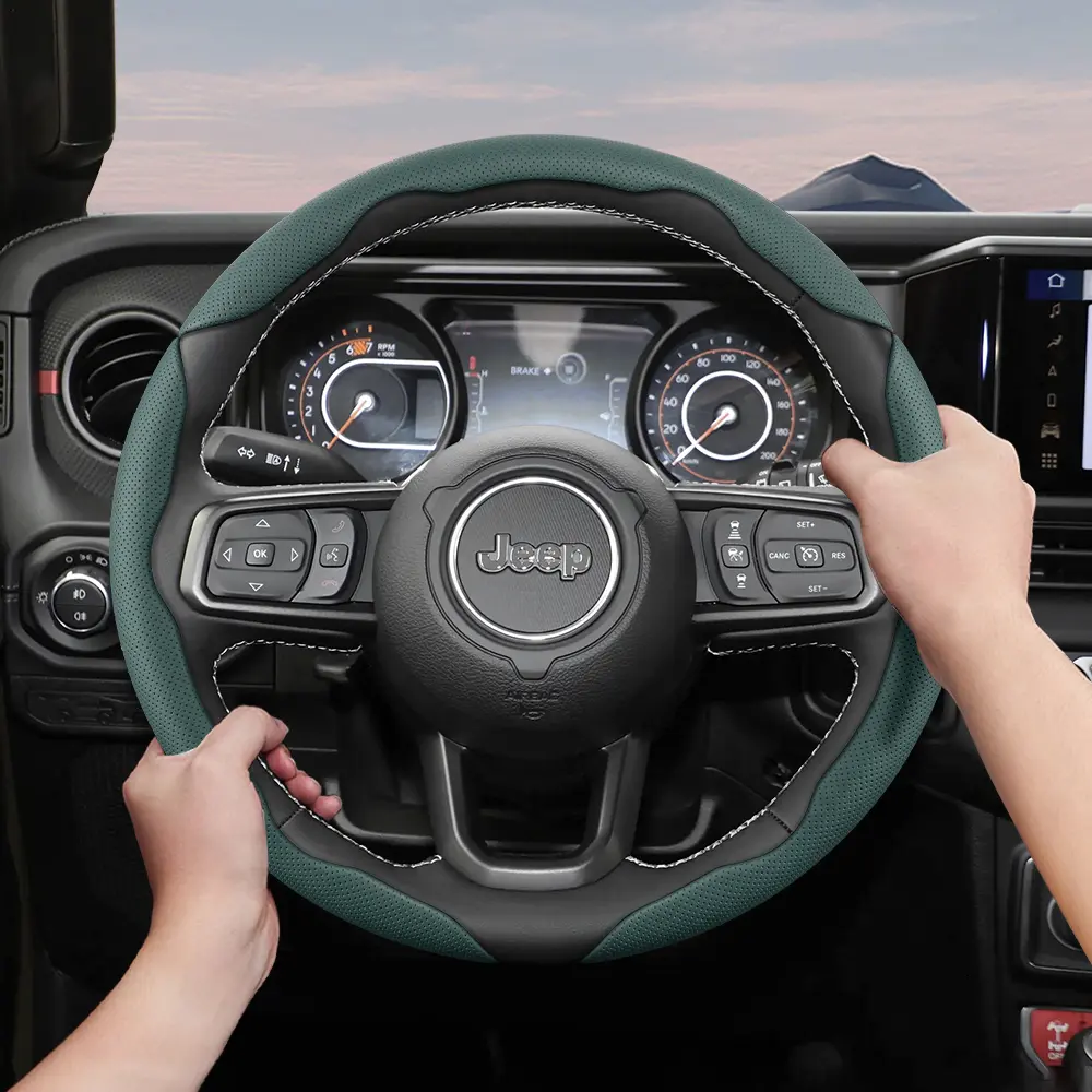 For Jeep Steering Wheel Cover, Steering Wheel Cover Set, Perforated Breathable Leather, Ultra-Thin Design, Compatible with Wrangler, Grand Cherokee, Cherokee, Compass, Renegade, Gladiator, Wagoneer, Car Accessories, Automotive