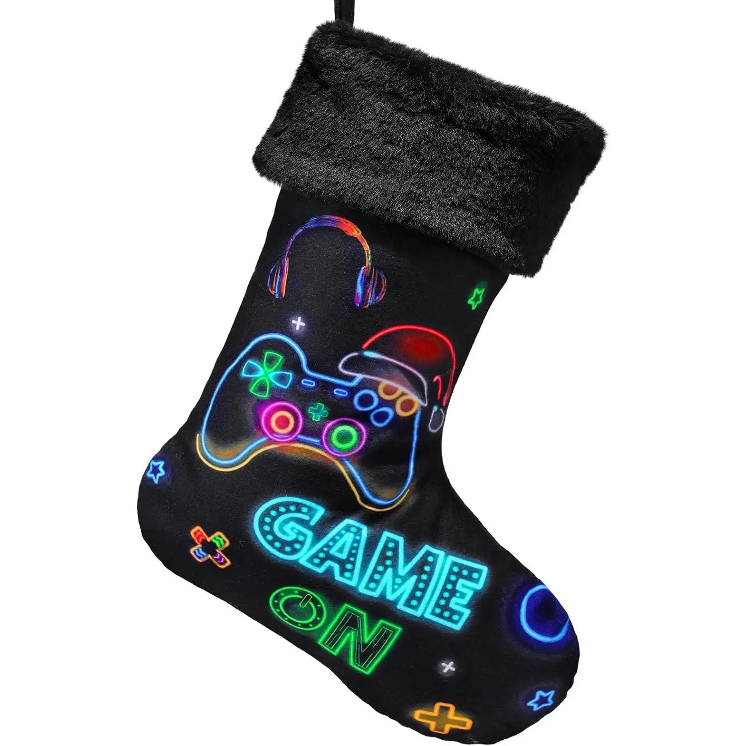 Realspring Gamer Gifts Gaming Pattern Christmas Stocking 18 Inches Canvas with Faux Fur Black Game on Stockings Video Gamer Gifts Fireplace Hanging Stockings for Family Holiday Party