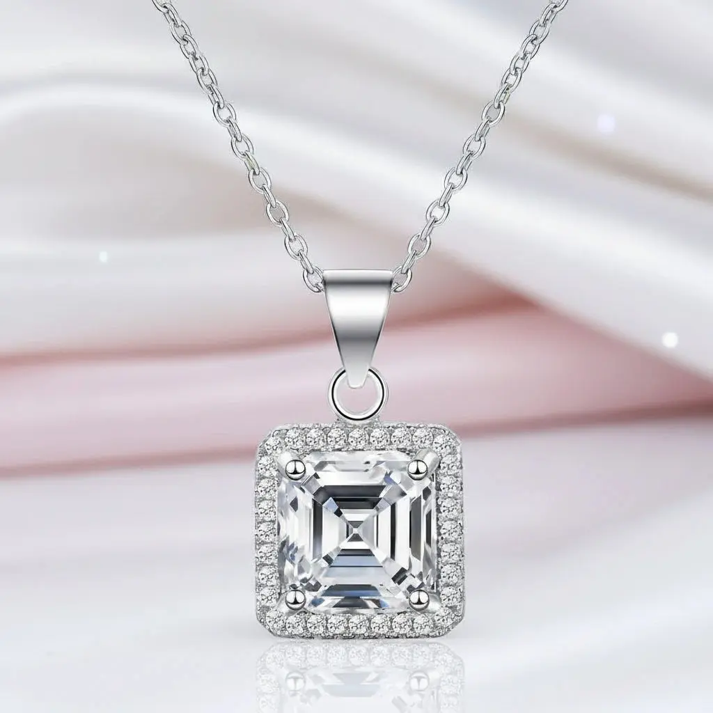 2.5 Ct Asscher Cut Diamond Option Halo Necklace