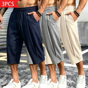 Men’s summer shorts: lightweight ice silk three-quarter pants with a drapey, loose casual fit—suitable for sports and commuting. Cool and comfortable, non-sticky against legs; breathable, loose casual athletic pants that don’t trap sweat and are easy to m