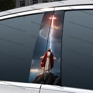 2-Pack Jesus Themed Door Pillar Decals - Waterproof Scratch-Resistant Vinyl B-Pillar Stickers, Self-Adhesive PE Fantasy Religious Motif for Vehicle Decoration, Glossy Finish, Oblong Shape Car Accessories