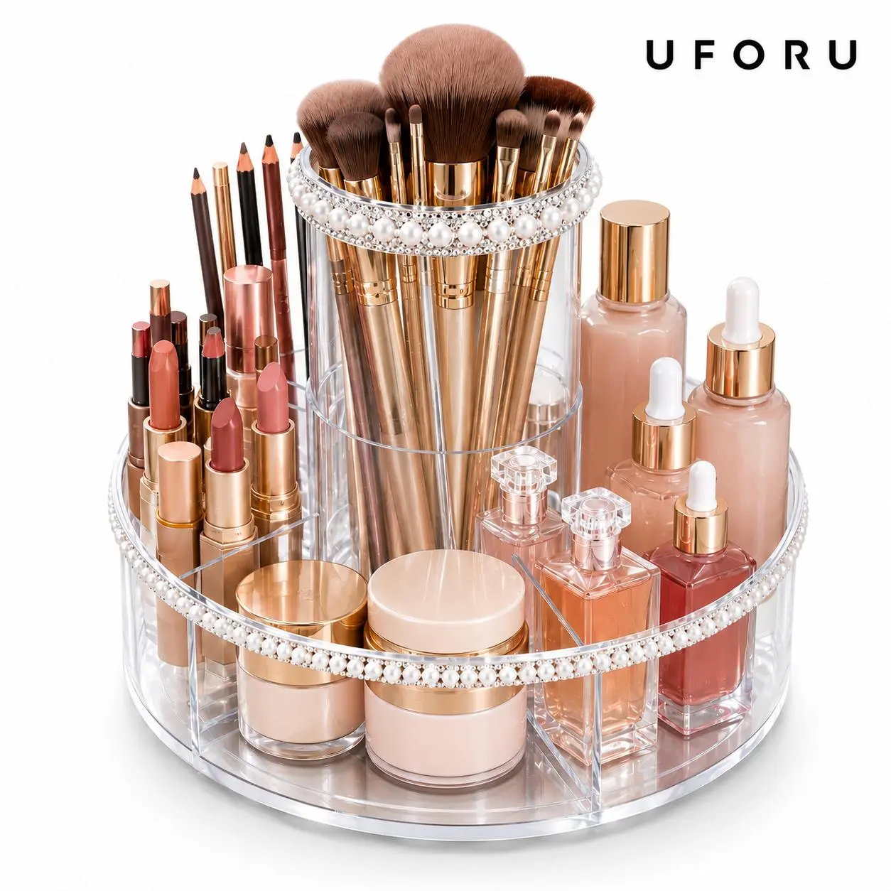 UFORU 360° Rotating Makeup Organizer – Declutter Your Vanity & Save Space!  Large Capacity Acrylic Cosmetic Storage.