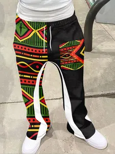 Men's Y2K Vintage Geometric Pattern Flare Pants, Loose Fit 3D Print Long Pants, Casual Sportswear Mid-Waist Streetwear, Hip Hop Retro Pants, Menswear