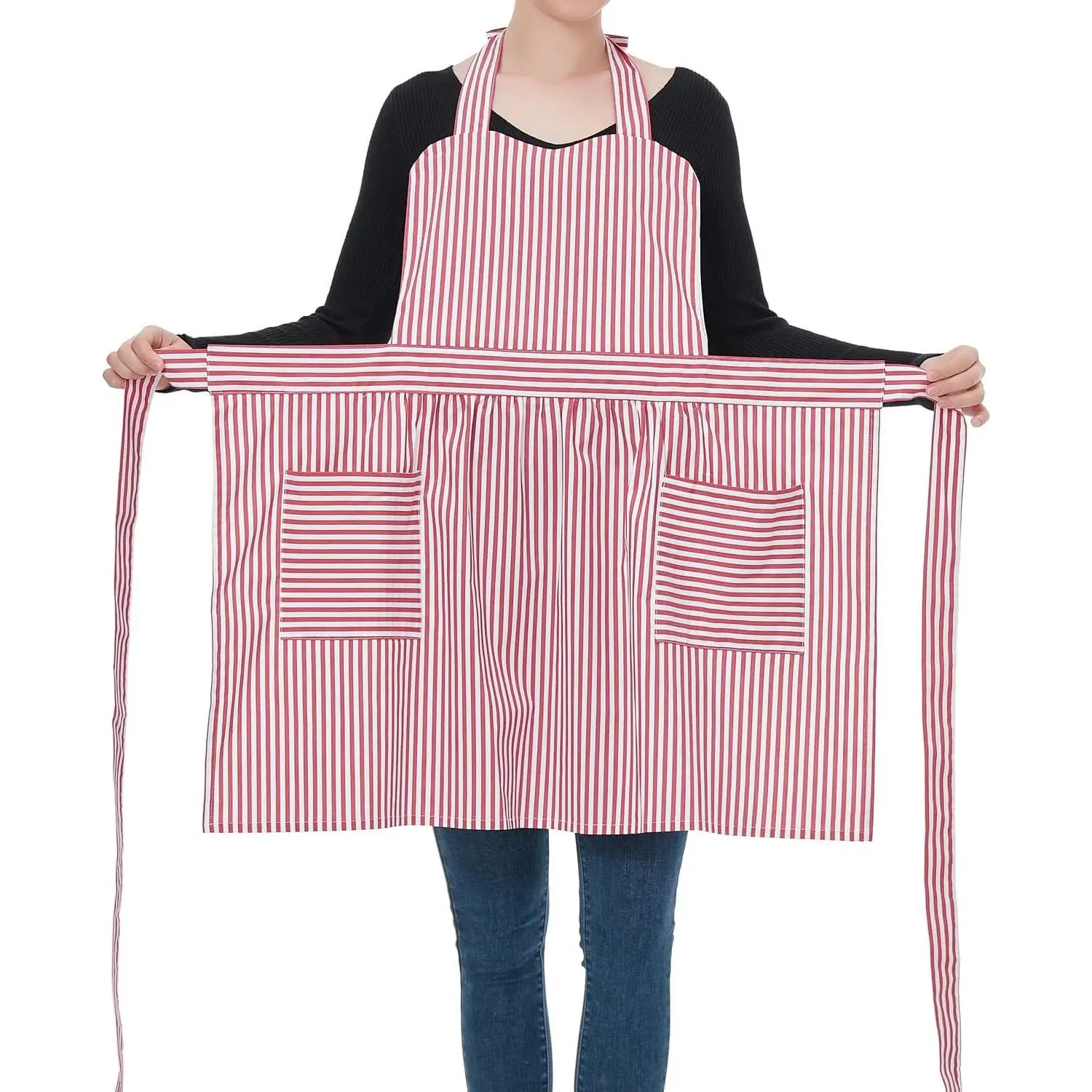 Cotton Aprons for Women with Pockets, Soft Stripe Aprons,  for Kitchen Cooking, Baking and Gardening