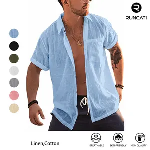 Runcati Men's Short Sleeve Button Up Shirts Linen Cotton Beach Tops Spread Collar Plain Summer T Shirt with Pocket Father's Day Gift