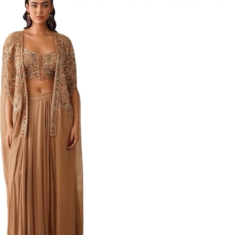 Women's Designer Corset Crop Top & Lehnga Saree Suit Set - Lady's Style Clothes with Gem Work Blouse, Satin Silk Flare Skirt, Optional Cape/Drape, Matching Belt Festival Embroidery Sequins Flowy