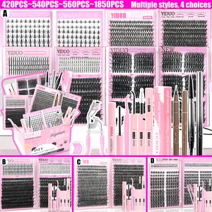 YIDUO 1850pcs/set Lash Clusters Gift Set, 40D/60D/80D/100D Volume Manga Spiky Bottom Lash Extension Kit, 10-20mm D Curl Wispy False Eyelashes with Double-Ended Eyebrow Pencil, Waterproof Eyeliner, Eyelash Curler & Bond and Seal Kit, DIY Lash Kit