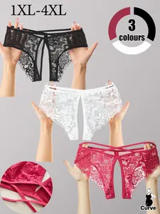 【Plus Size】 Solid Lace Open Crotch Panty, Soft Comfy Breathable Knicker for Daily Wear, Women's Underwear for All Seasons, Fashion Breathable Underwear