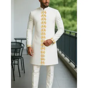 Men's African Kaftan Set Long Sleeve Embroidered Luxury Elegant Suit Party Wedding Holiday Muslim 2 Piece Outfit