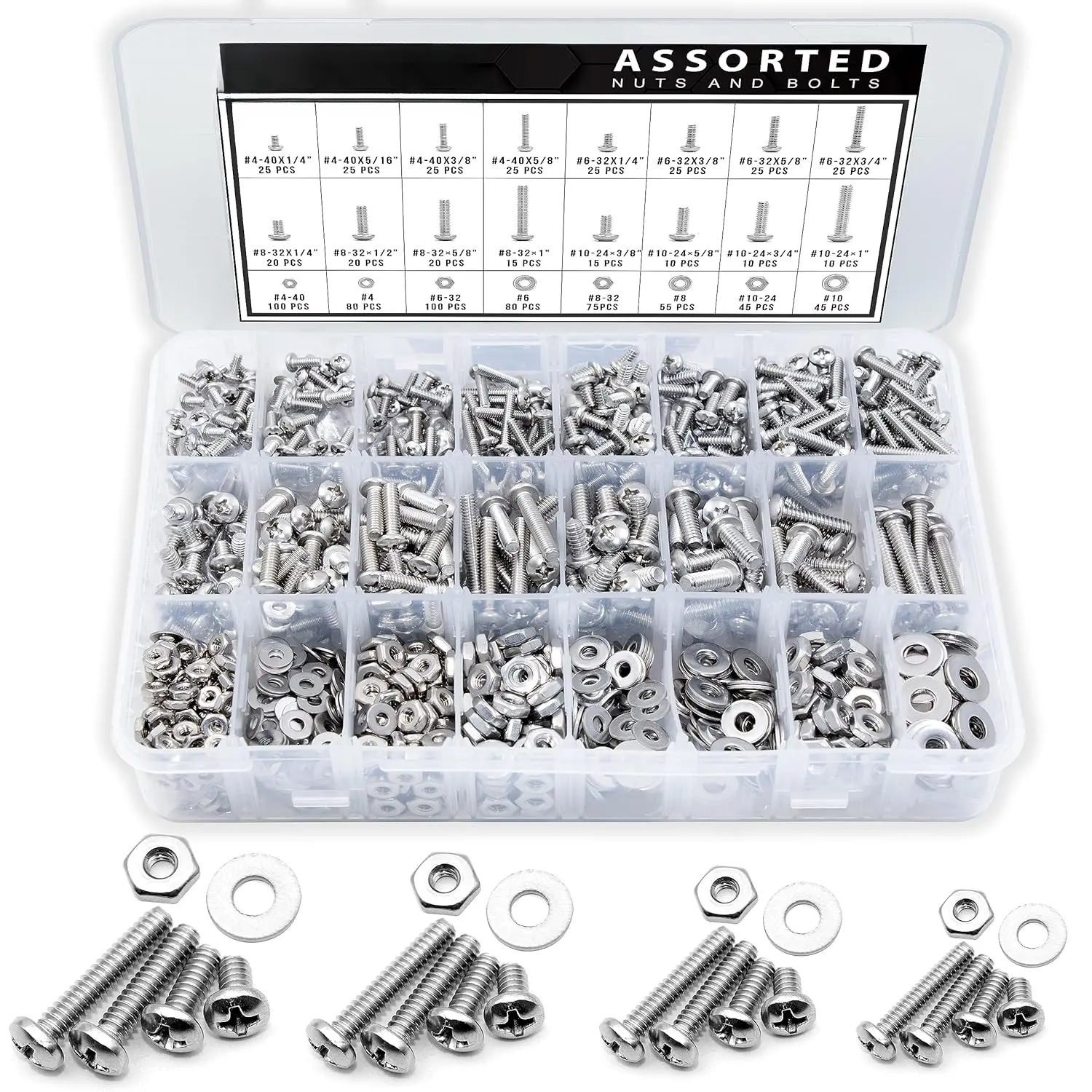 900 count Nuts and  Assortment Kit #4-40, #6-32, #8-32, #10-24 -  Pan  304 Stainless Steel Screws Set with Storage Box