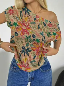 Spring Summer Women's Beach Vacation Style Asymmetric Neck Shoulder Reveal Batwing Sleeve Semi-Transparent Lace, Floral Print Knit Top