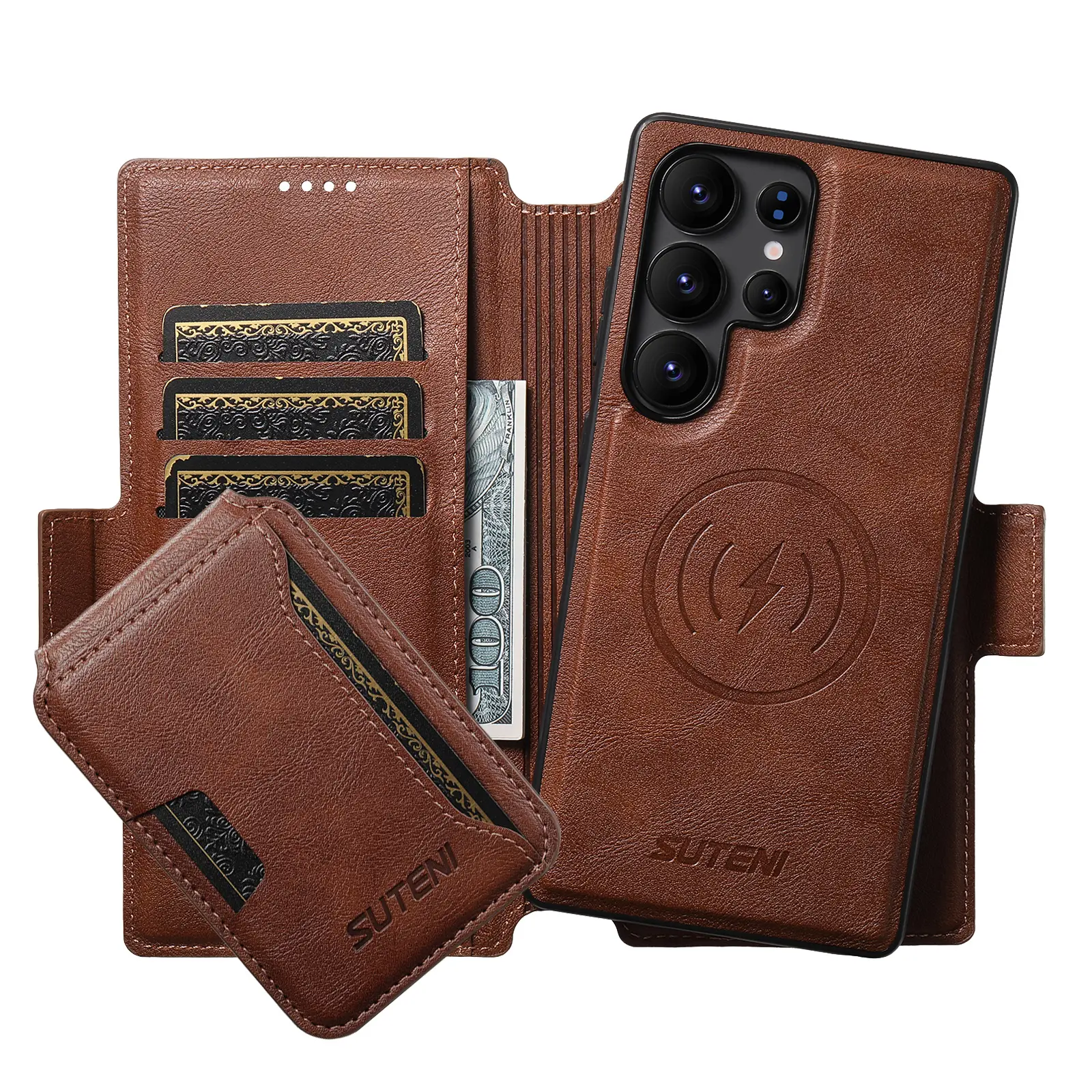 Durable Vintage Brown & Blue PU Leather Handheld Wallet Casing for Samsung S24/S25/S26 Ultra - Magnetic Closure Flip Smartphone Cover with Card Slots, Cash Pocket, Camera Protector, Wireless Charging Compatibility, Kickstand, Storage, Luxury Accessory, Ac