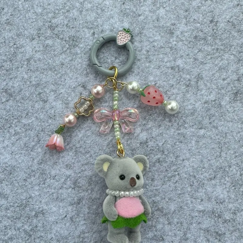 Koala Keychain with Strawberry and Pearl Decorations Adorable Gray Bear Charm for Accessories