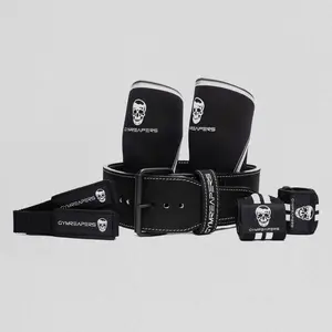 Gymreapers Single Prong Strength Kit - Black/White, Premium Leather 10mm Belt, 7mm Knee Sleeves, Padded Straps, and 18in Wrist Wraps