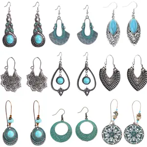 9 Pairs Bohemian Silver Drop Dangle Earrings Set Bohemian Turquoise Earrings