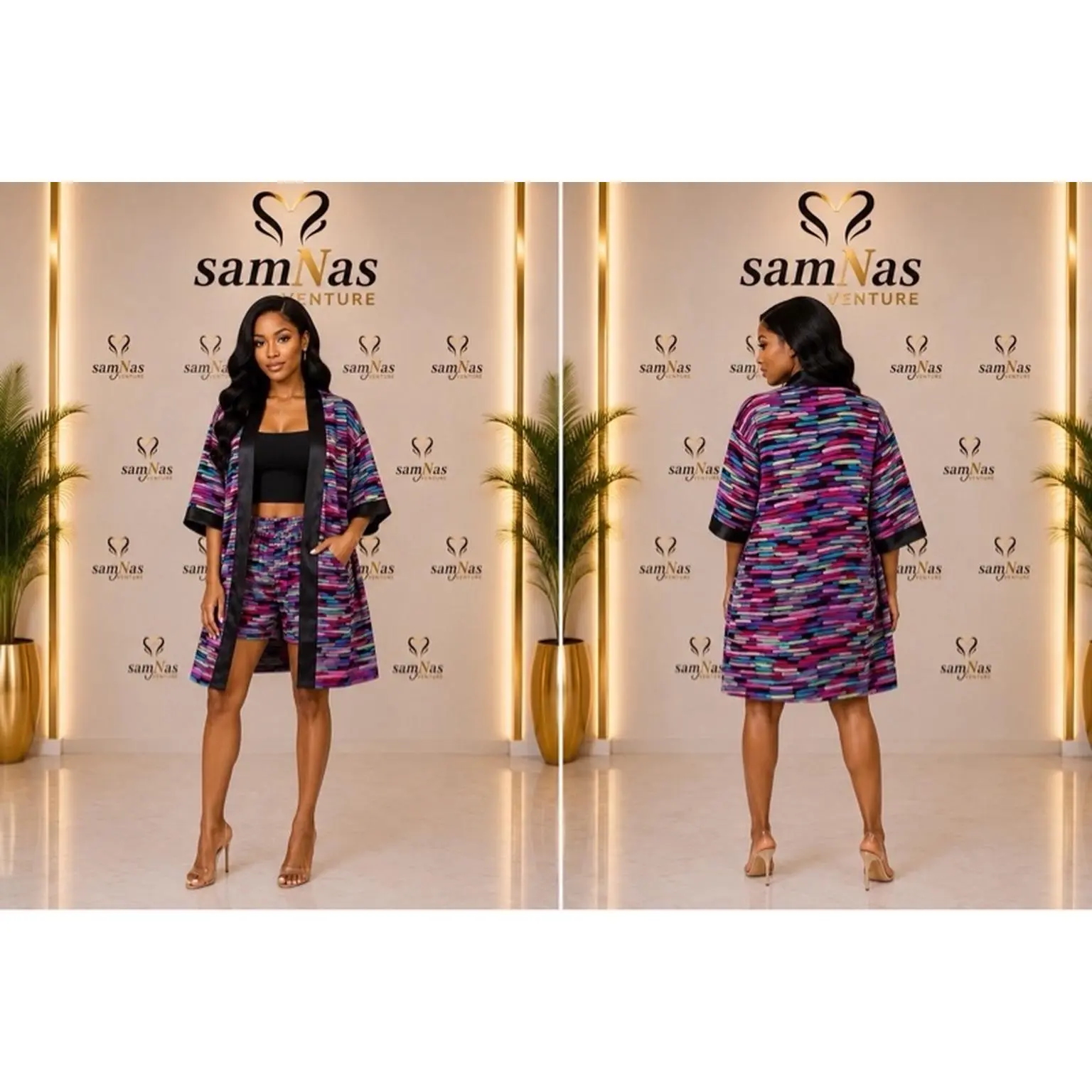 SamNas Venture Women's African Print Two-Piece Shorts & Kimono Set Vibrant Multicolor with Black Trim Relaxed Fit for Vacation & Parties