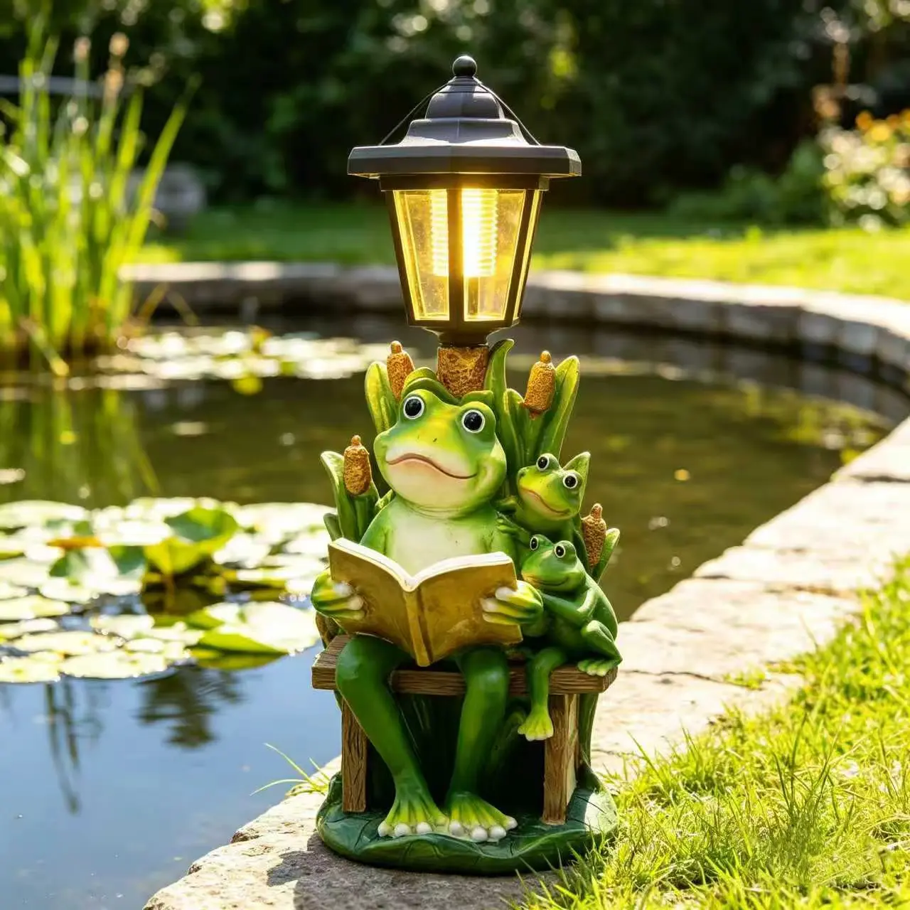 16in High-Quality Resin Sustainable Solar Powered Frog Family Garden Statue with Lantern - Auto Charge Light, 12+ Hr Glow, Water Resistant Yard Art, Gifts for Animal Lovers-Moms for Valentine's Day (Books Together Theme)