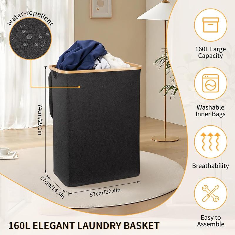 Extra Large 160L Laundry Hamper with Lid | 3-Section, Sturdy Handle | Home Dirty Clothes Organizer