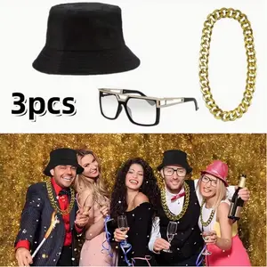 3pcs Hip Hop Costume Kit Men's and Women's Hip-hop Accessory Set Rapper Accessories Bucket Hat Fashion Glasses Chain Necklace Outfit Suitable for Halloween Party