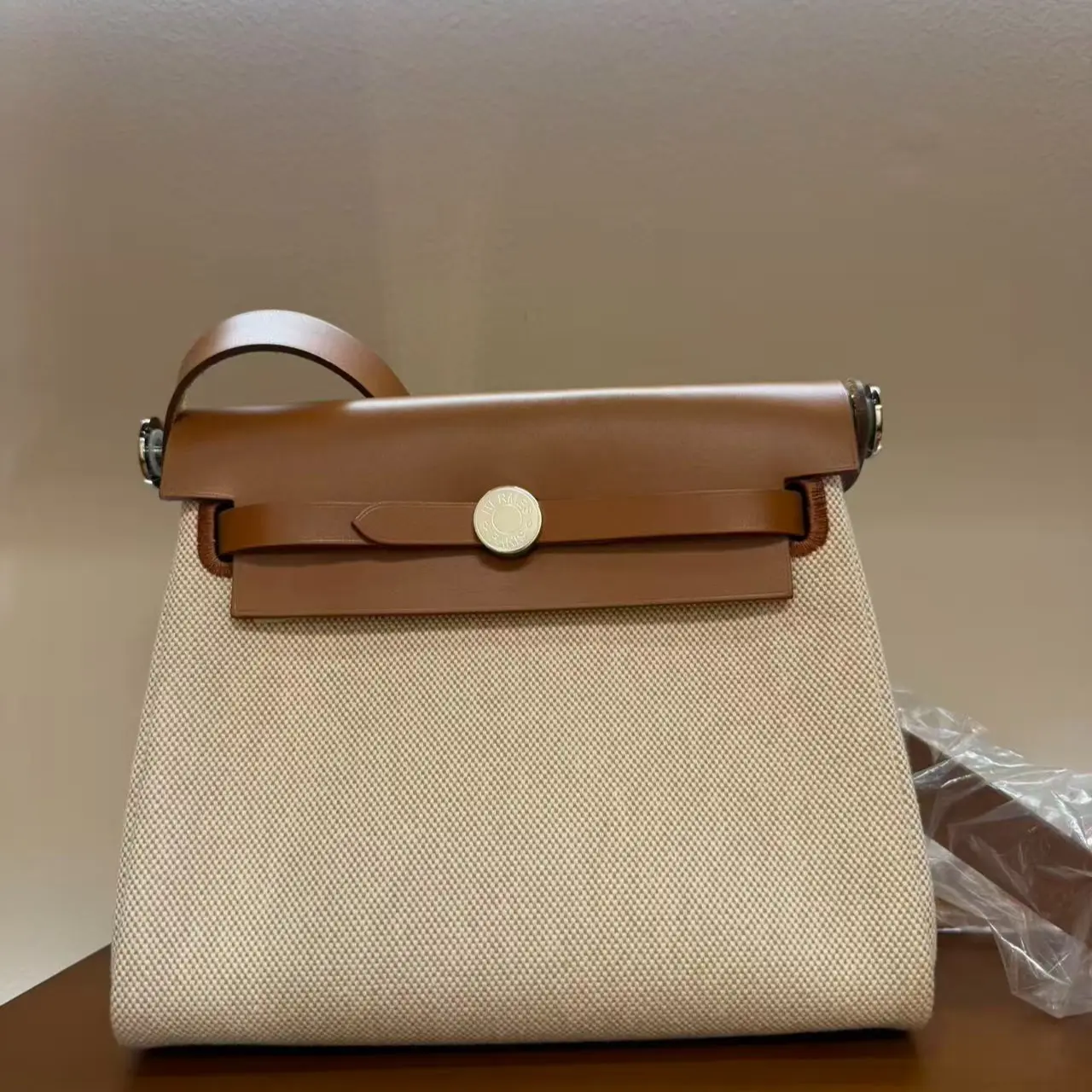 Pre-owned HERMÈS LEATHER/ CANVAS Shoulder Bags MINI HERBAG GOLD BROWN SILVER HARDWARE