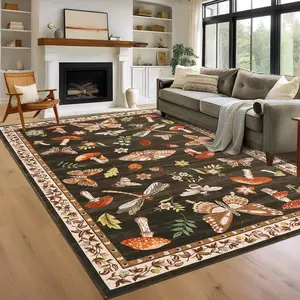 Modern Insect Print Area Rug Washable Border Carpet Mushroom Area Rug Soft Foldable Upholstery Rug with Non-slip Backing for Bedroom Dining Room Office Playroom
