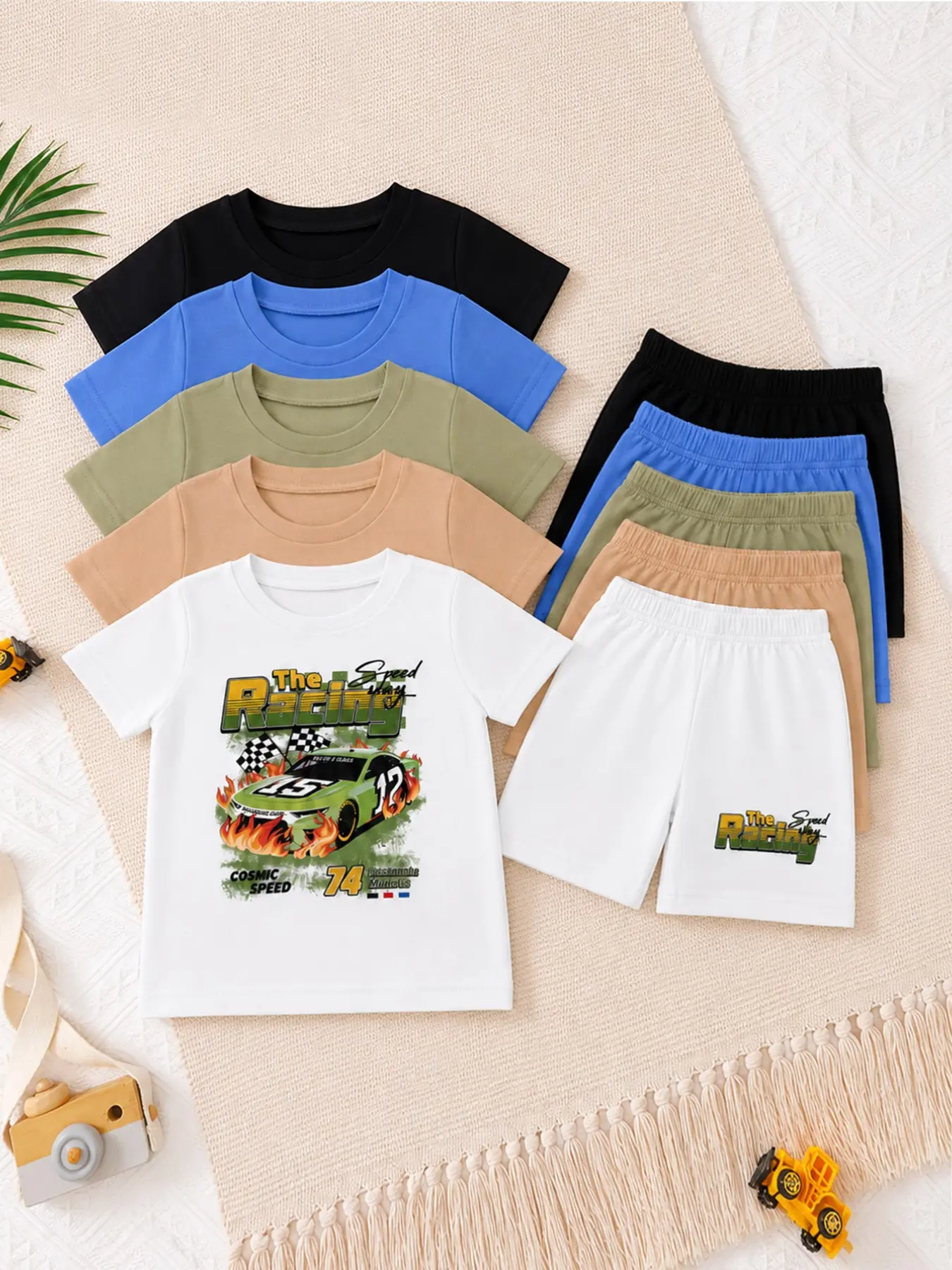 Boys' Racing Football Hawaiian Letter Print Sporty Design Short Sleeve Shorts Combo Set, Sport Clothing, Comfortable Casual Fashion Kids Clothes, Ideal for Outdoor Daily Wear, Gift for Son