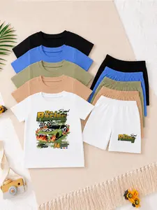 Boys' Racing Football Hawaiian Letter Print Short Sleeve Shorts Set, Comfortable Casual Fashion Kids Clothes, Ideal for Outdoor Daily Wear, Gift for Son