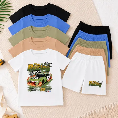 Boys' Racing Football Hawaiian Letter Print Sporty Design Short Sleeve Shorts Combo Set, Sport Clothing, Sporty Style Clothes, Comfortable Casual Fashion Kids Clothes, Ideal for Outdoor Daily Wear, Gift for Son