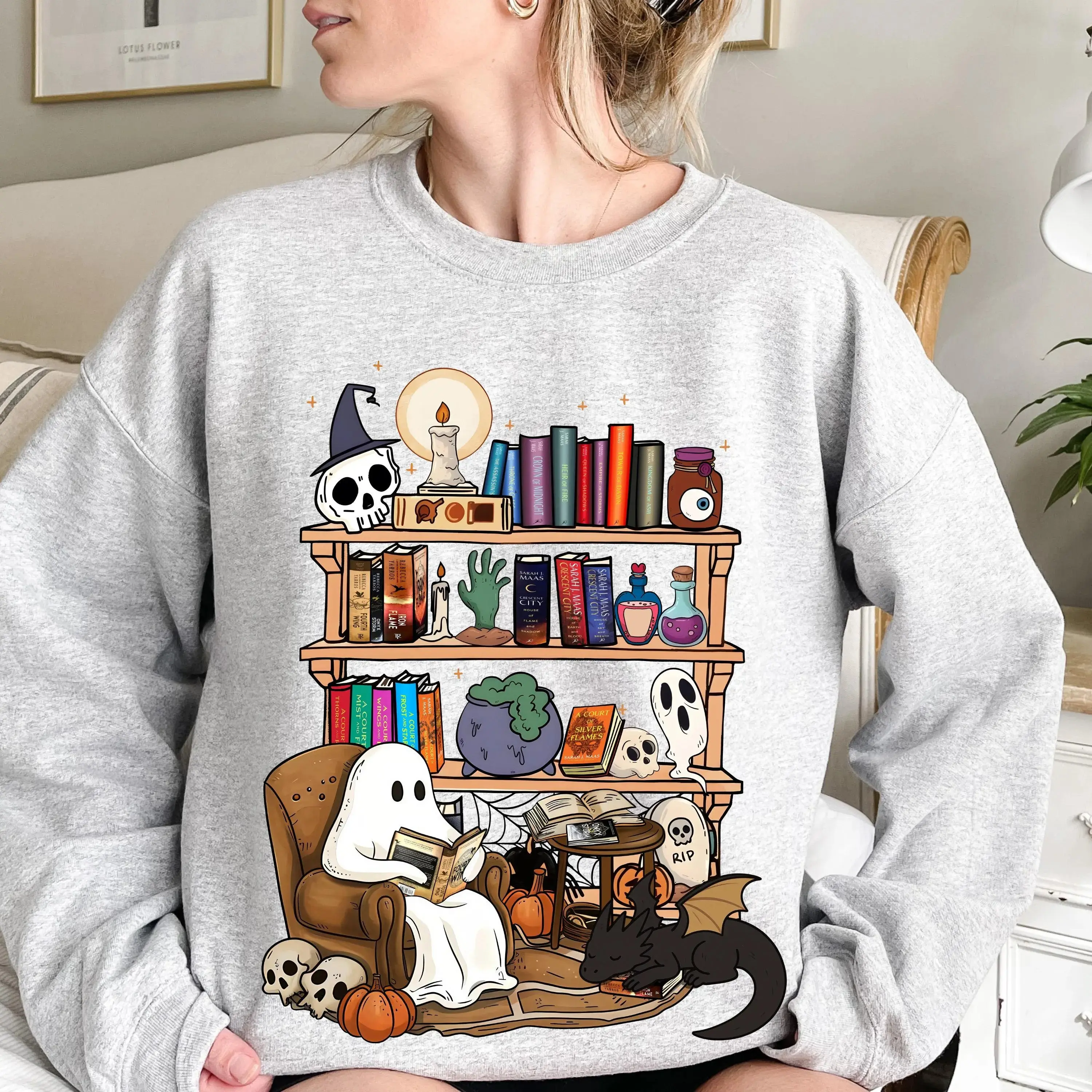 Ghost Reading Fourth Wing Crescent City A Court Of Silver Flames Sweatshirt, Bookish Halloween Sweatshirt, Dragon Book Lover Gift, Spooky Season Bookworm Crewneck, Fantasy Reader Sweatshirt, Cute Ghost Reading Shirt, Bookish Gift for Her