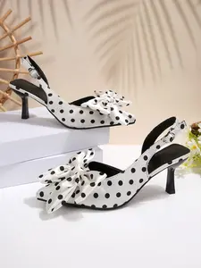 New Fashion Women's High Heel Shoes, French Polka Dot Large Bow Pointed Toe Backless Sandals, Satin Thin Heels, Sexy Comfortable