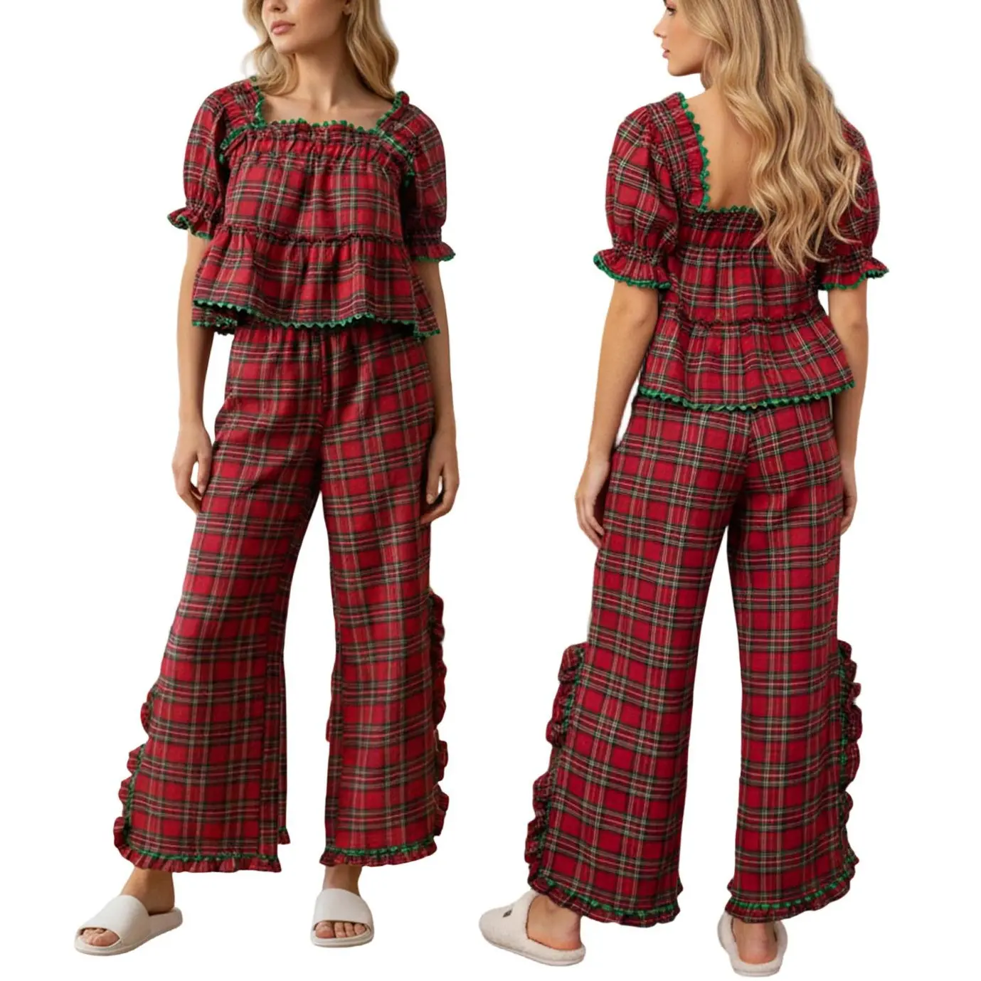 Women's Christmas Plaid Pajama Set, Short Puff Sleeve Tiered Ruffle Top and Wide Leg Pants, Soft Tartan Loungewear with Green Trim, Festive Nightwear for Holiday, Family Matching, Bridal and Daily Wear